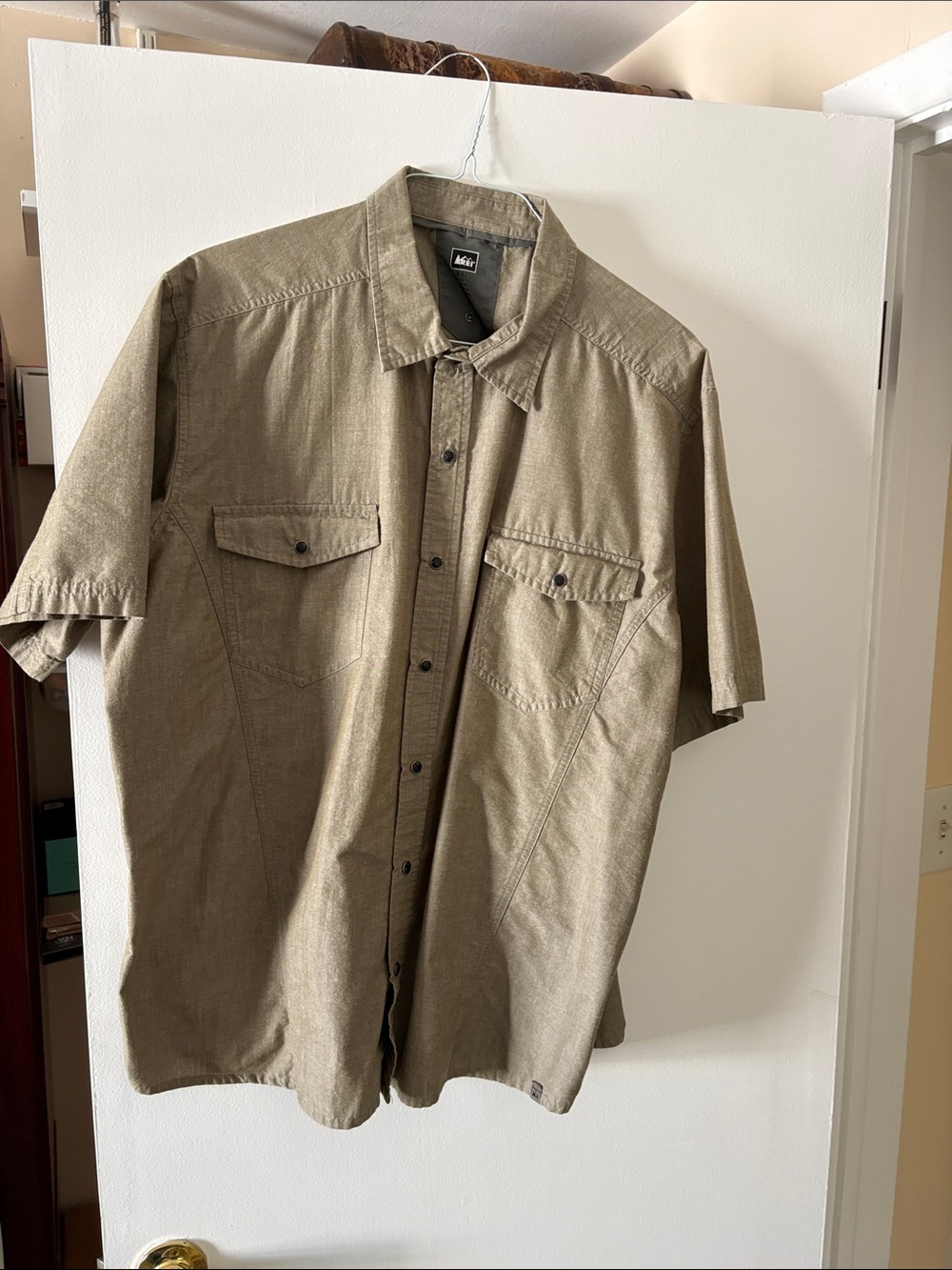 REI Men's Short-Sleeve Button-Front Shirt in Olive/Tan